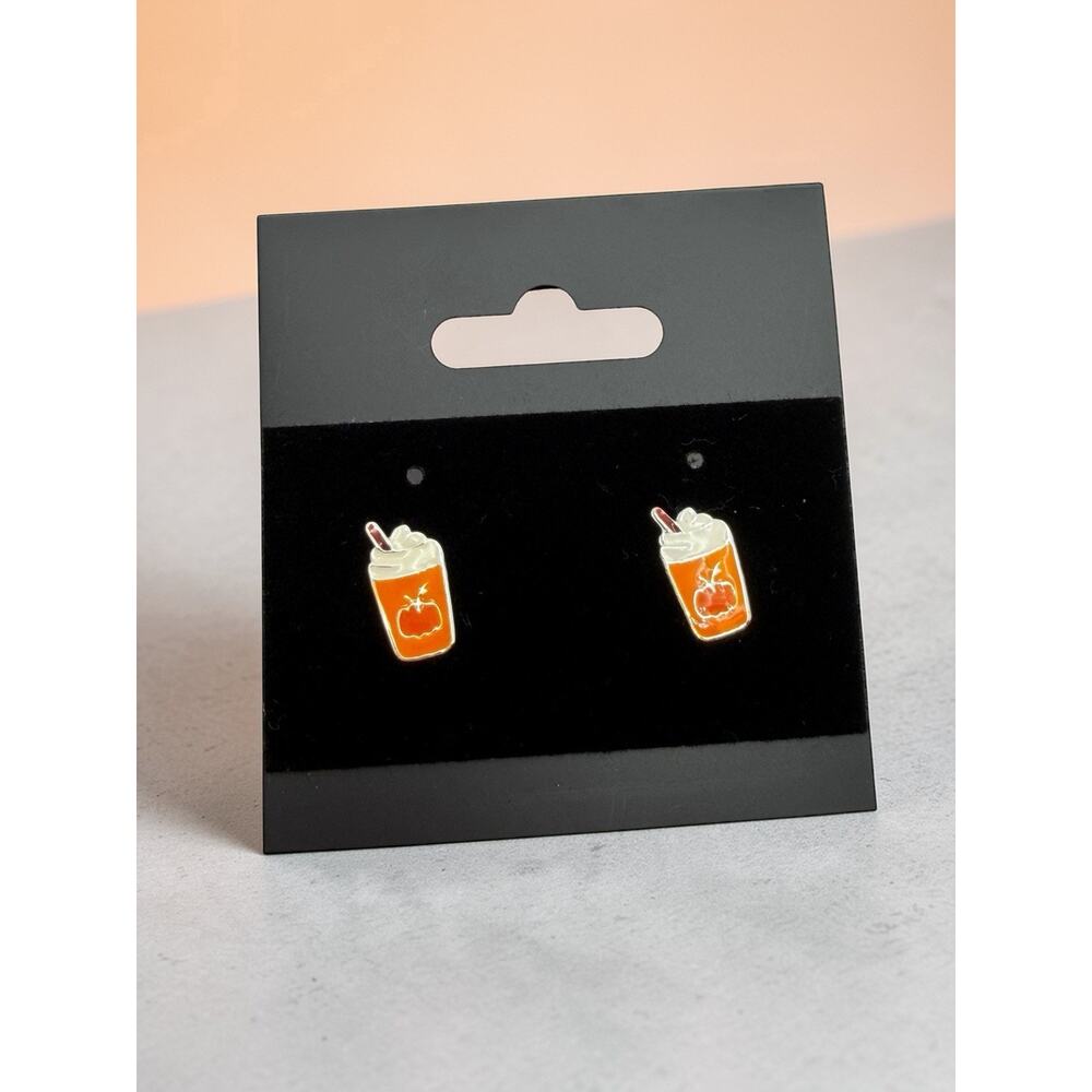 925 Orange Drink Enamel Stud Earrings Cup Motif Halloween Theme Fashion Jewelry